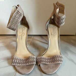 Jessica Simpson “Jasper” Laser Cut Suede Tan Sandals